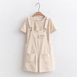 Set: Elbow-sleeve Striped T-shirt + Jumper Shorts