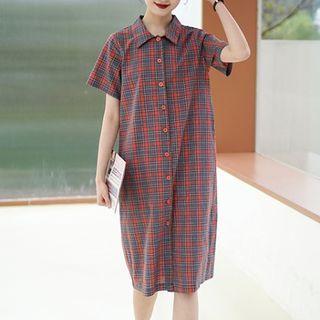 Short-sleeve Plaid Midi Shirt Dress Premium Edition - Plaid - Red & Airy Blue - One Size