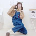 Bear Embroidered Dungaree / Long-sleeve Stripe T-shirt / Plaid Shirt