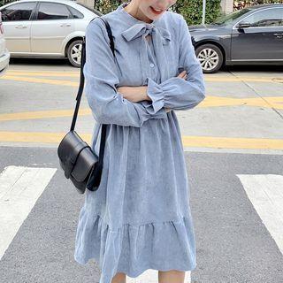 Long-sleeve Tie-neck Buttoned A-line Midi Dress