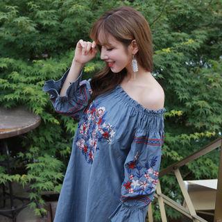 Off-shoulder Long-sleeve Embroidered Cotton Dress