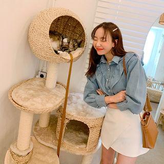 Bishop-sleeve Frilled Denim Shirt