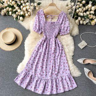 Short-sleeve Floral Print Shirred Dress