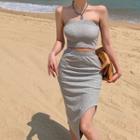 Set: Tube Top + Slit Pencil Skirt Gray - One Size