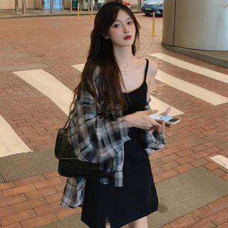 Long-sleeve Plaid Shirt / Midi A-line Jumper Dress
