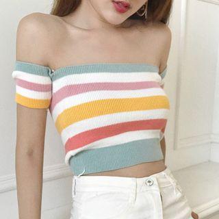 Striped Off Shoulder Short Sleeve Knit Top