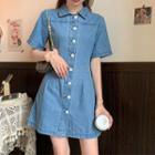 Short-sleeve Mini A-line Denim Shirtdress As Shown In Figure - One Size