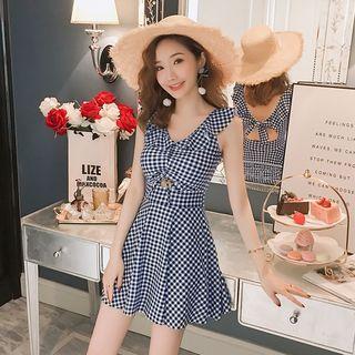 Ruffle-strap Gingham Open-back Swimdress