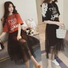 Set: Short-sleeve Letter Dress + Mesh Skirt
