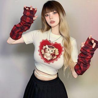 Set: Short-sleeve Cat Print Cropped T-shirt + Plaid Oversleeves
