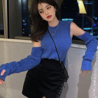 Mock-neck Plain Woolen Oversize Sweater Blue - One Size