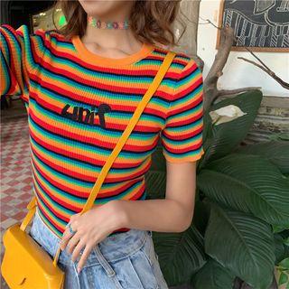 Short-sleeve Lettering Striped Knit Top