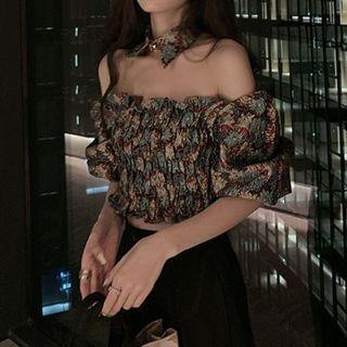 Off-shoulder Floral Print Blouse + Collar