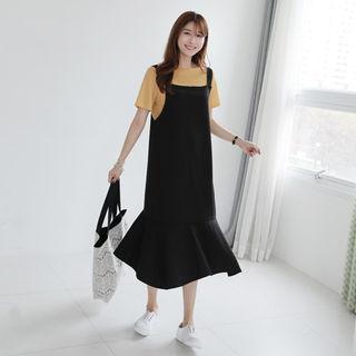 Square-neck Ruffle-hem Midi Pinafore Dress