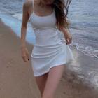 Spaghetti-strap Scoop-neck Ribbed Knit Mini Dress
