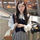 V-neck Side-slit Knit Vest / Flared-cuff Peter Pan-collar Shirt / Plaid Pleated Mini A-line Skirt