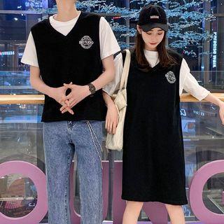 Couple Matching Mock Two-piece Short-sleeve T-shirt / T-shirt Dress