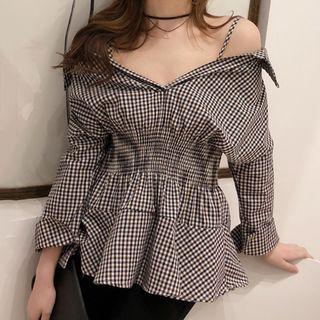 Long-sleeve Cold Shoulder Plaid Top