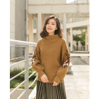 Mock-neck Flower Embroidered Sweater