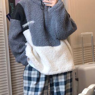 Long-sleeve Color Block Faux Fur Hoodie / High-waist Plaid Pants
