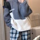 Long-sleeve Color Block Faux Fur Hoodie / High-waist Plaid Pants