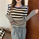Long Sleeve Contrast Trim Cutout Striped Top