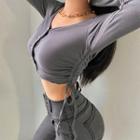 Long-sleeve Button-up Drawstring Crop Top