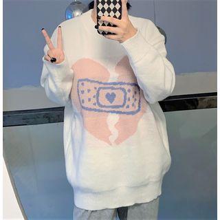 Broken Heart Print Sweater White - One Size