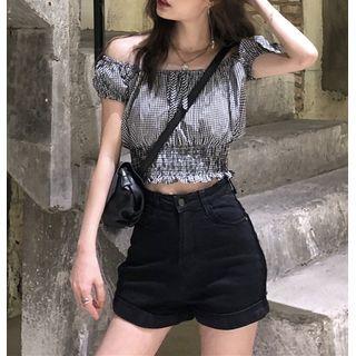 Off-shoulder Plaid Cropped Top Black - One Size