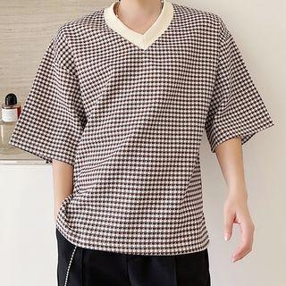 Elbow-sleeve Houndstooth T-shirt