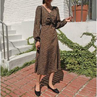 V-neck Shirred Floral Long Dress