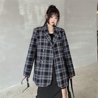 Lapel Collar Double-buttoned Plaid Blazer