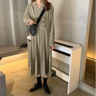 Long-sleeve Double Breasted Pleated A-line Midi Shirtdress As Shown In Figure - One Size