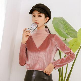 Long-sleeve Mesh Panel Pleuche Top