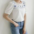 Puff-sleeve Floral-embroidered Blouse White - One Size
