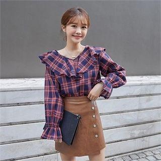 Ruffle-collar Plaid Blouse
