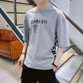 3/4-sleeve Camouflage Panel Lettering T-shirt