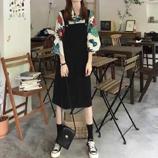 Printed Flared-sleeve Blouse / Midi Jumper Dress / Set