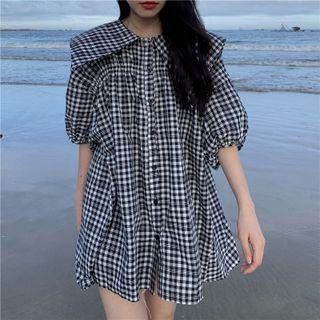 Puff-sleeve Plaid Mini Shirtdress