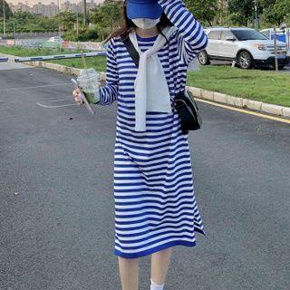 Set: Long-sleeve Striped Knit Midi A-line Dress + Shawl