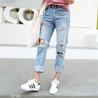Set: Distressed Tapered Jeans + Mesh Leggings