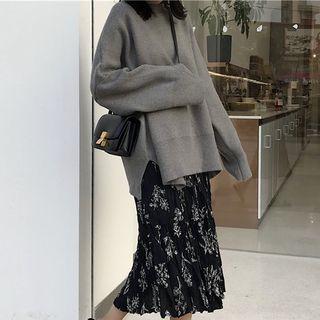 Side Slit Sweater / Floral Midi A-line Skirt