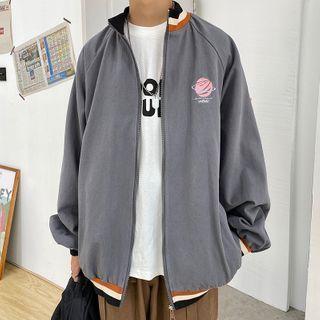 Planet Printed Color Block Baseball Jacket
