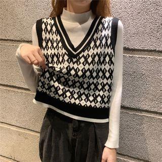 Pattern Knit Sweater Vest / Mock-neck Knit Top