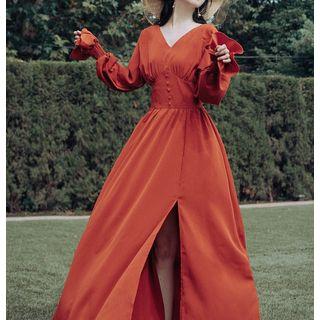 V-neck Lantern-sleeve Maxi A-line Dress