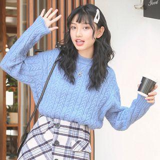 Cable-knit Crew Neck Sweater Blue - One Size