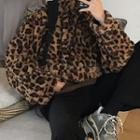 Stand-collar Leopard Print Fluffy Sweatshirt