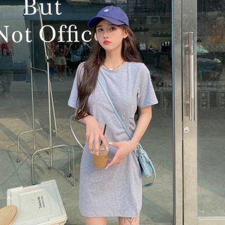 Short Sleeve Ruched Plain T-shirt Dress