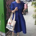 Peter-pan-collar Puff-sleeve Dress Blue - One Size