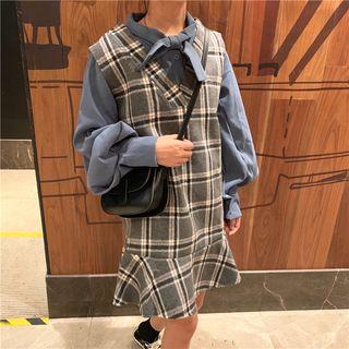 Puff-sleeve Shirt / Sleeveless Plaid Dress
